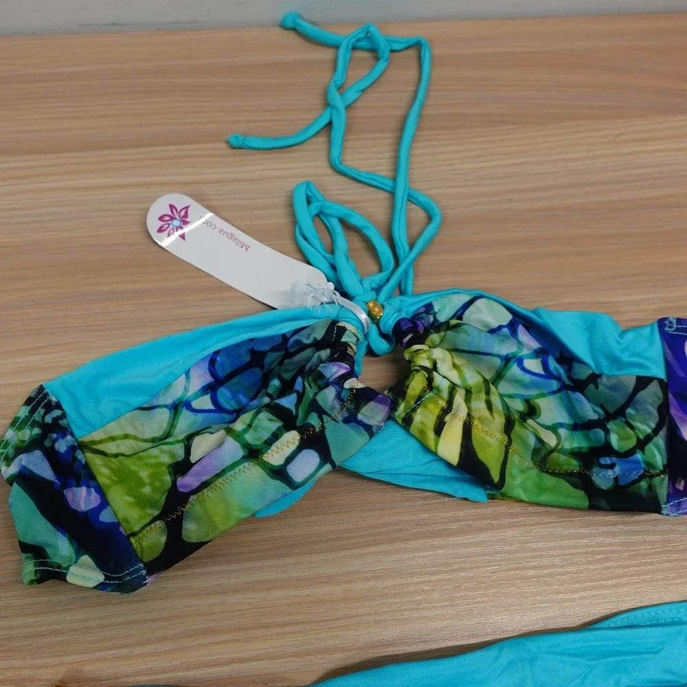 Blue Bikini Set Women S MILAGUA Halter Bandeau Gold Ring Sexy Cheeky Latina NEWS